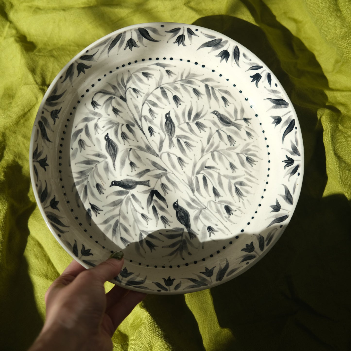 Hand Painted Blackbirds Stoneware Shallow Bowl