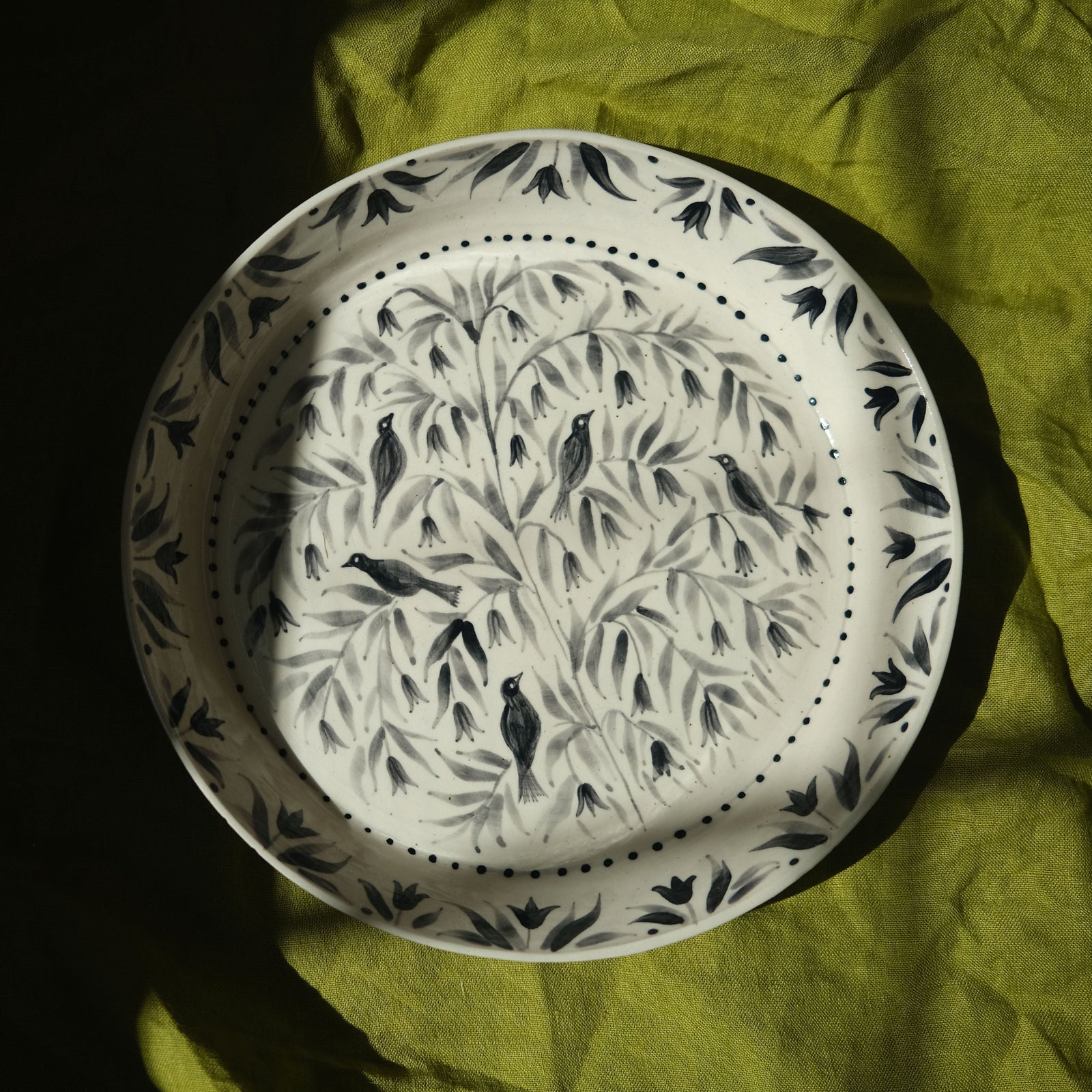 Hand Painted Blackbirds Stoneware Shallow Bowl