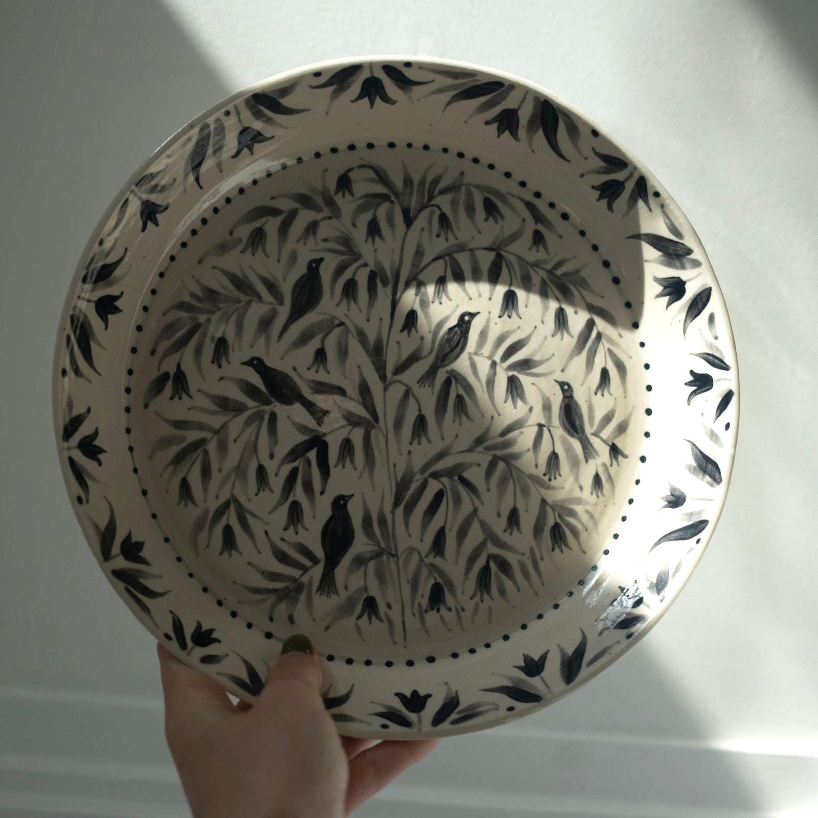 Hand Painted Blackbirds Stoneware Shallow Bowl