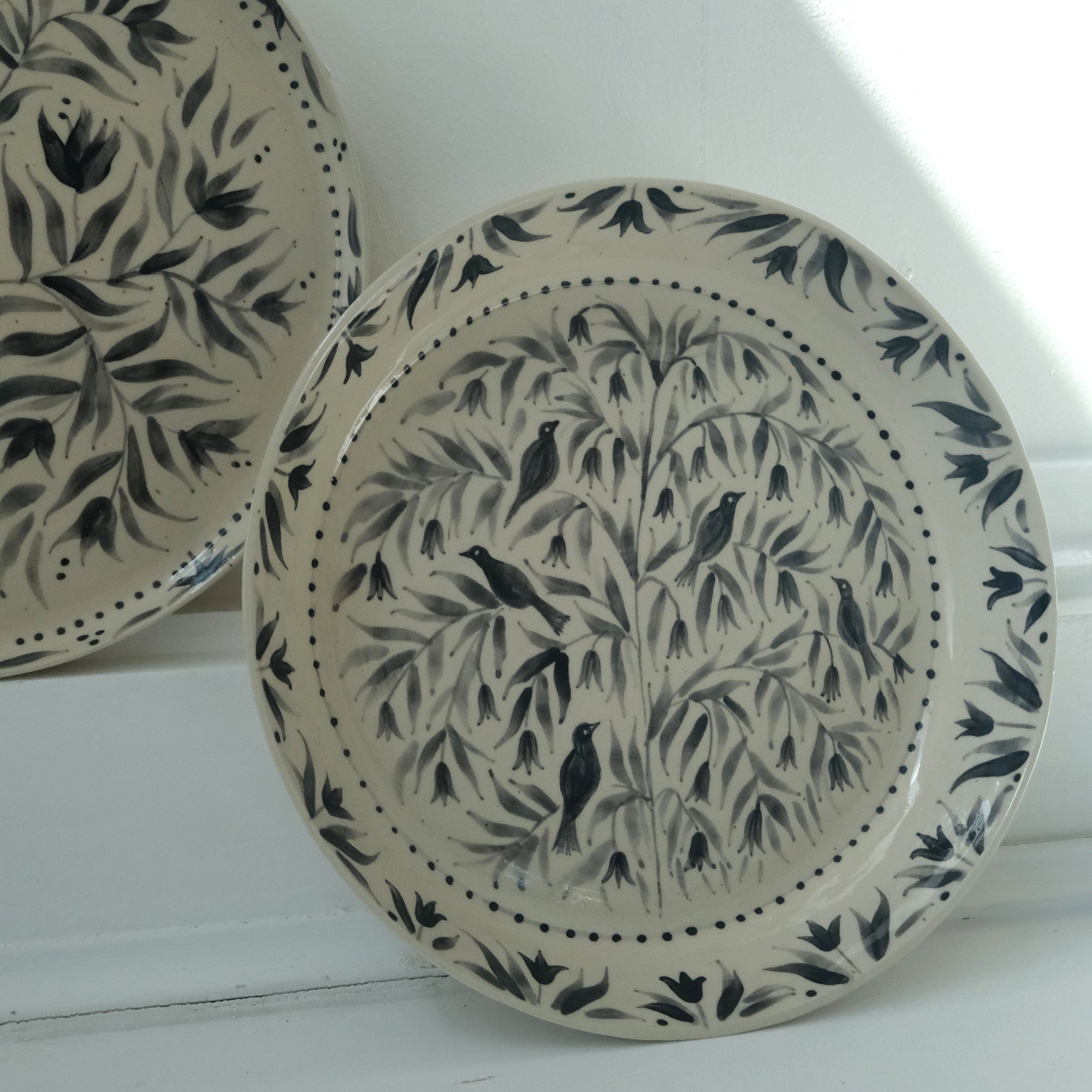 Hand Painted Blackbirds Stoneware Shallow Bowl