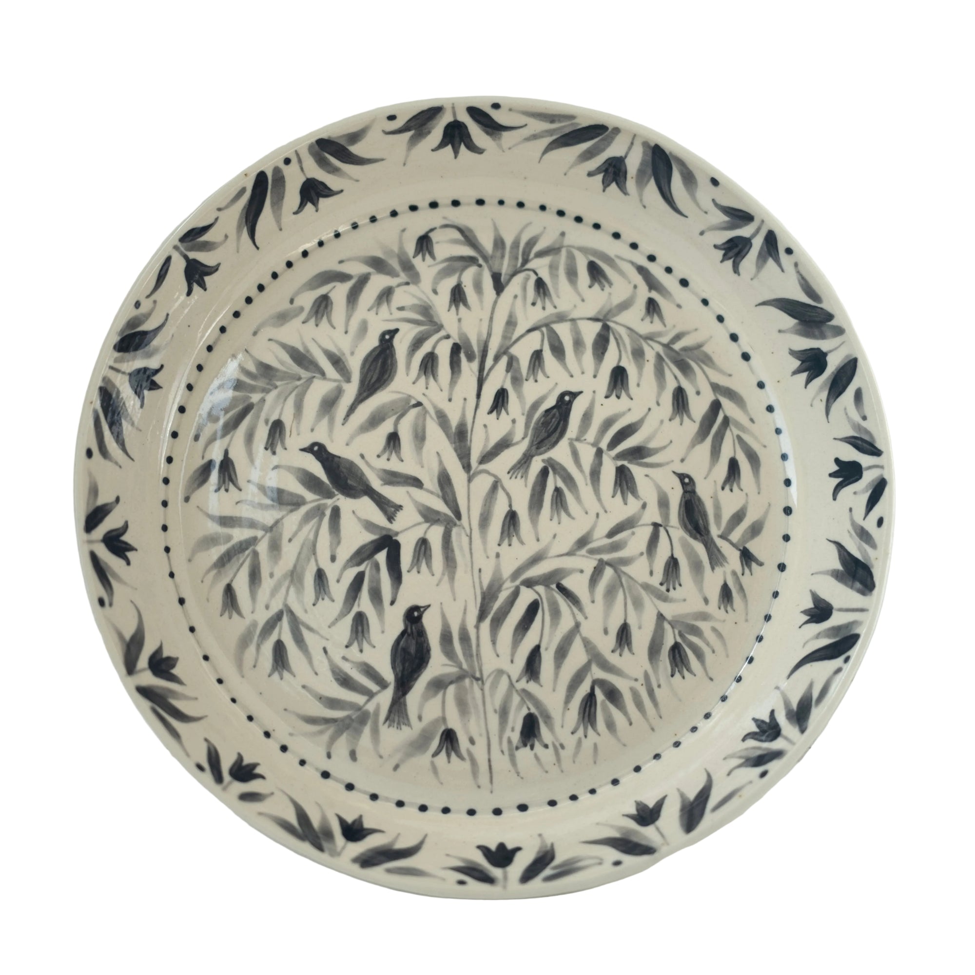 Hand Painted Blackbirds Stoneware Shallow Bowl
