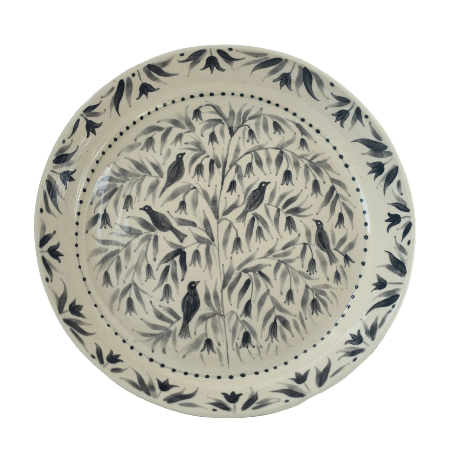Hand Painted Blackbirds Stoneware Shallow Bowl