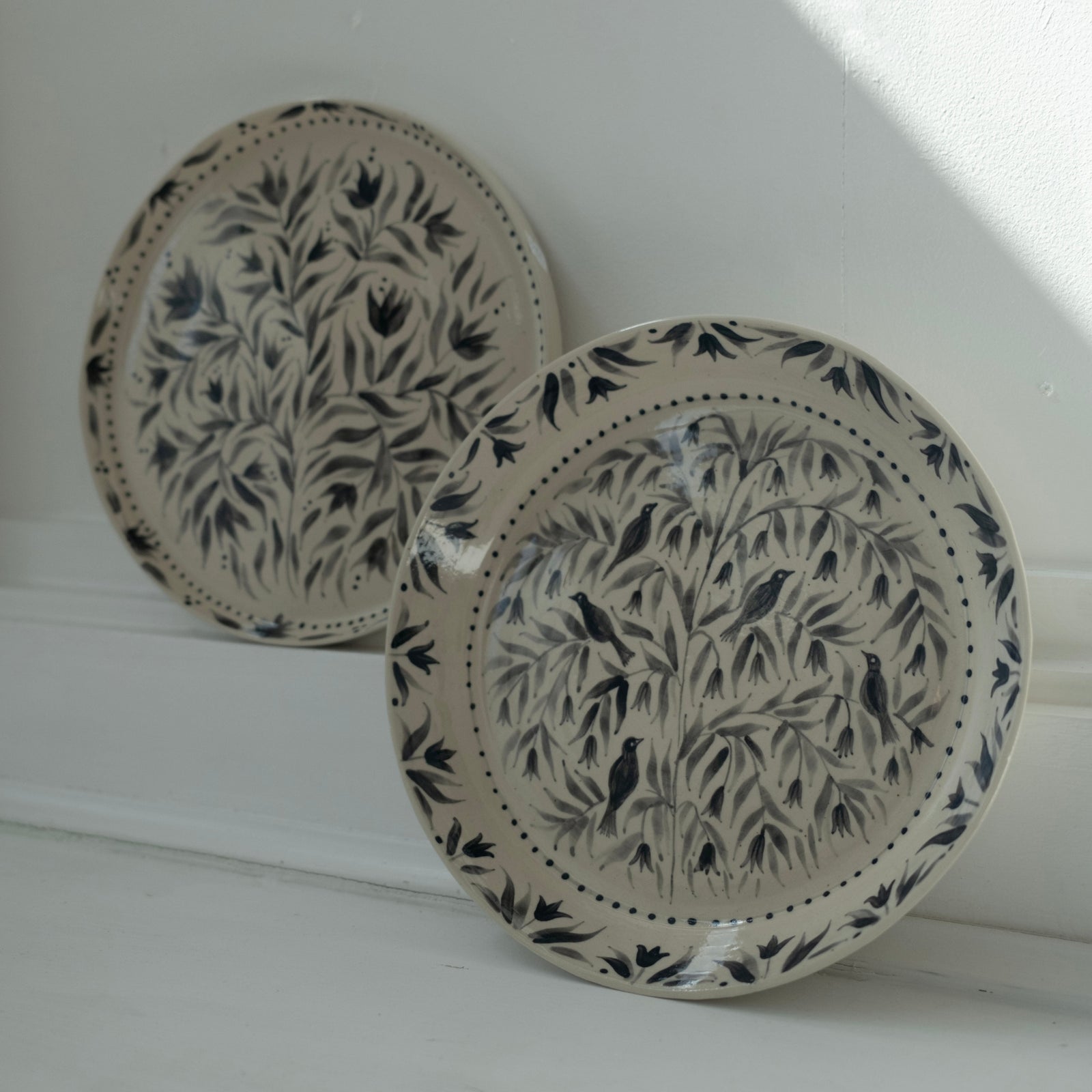 Hand Painted Blackbirds Stoneware Shallow Bowl