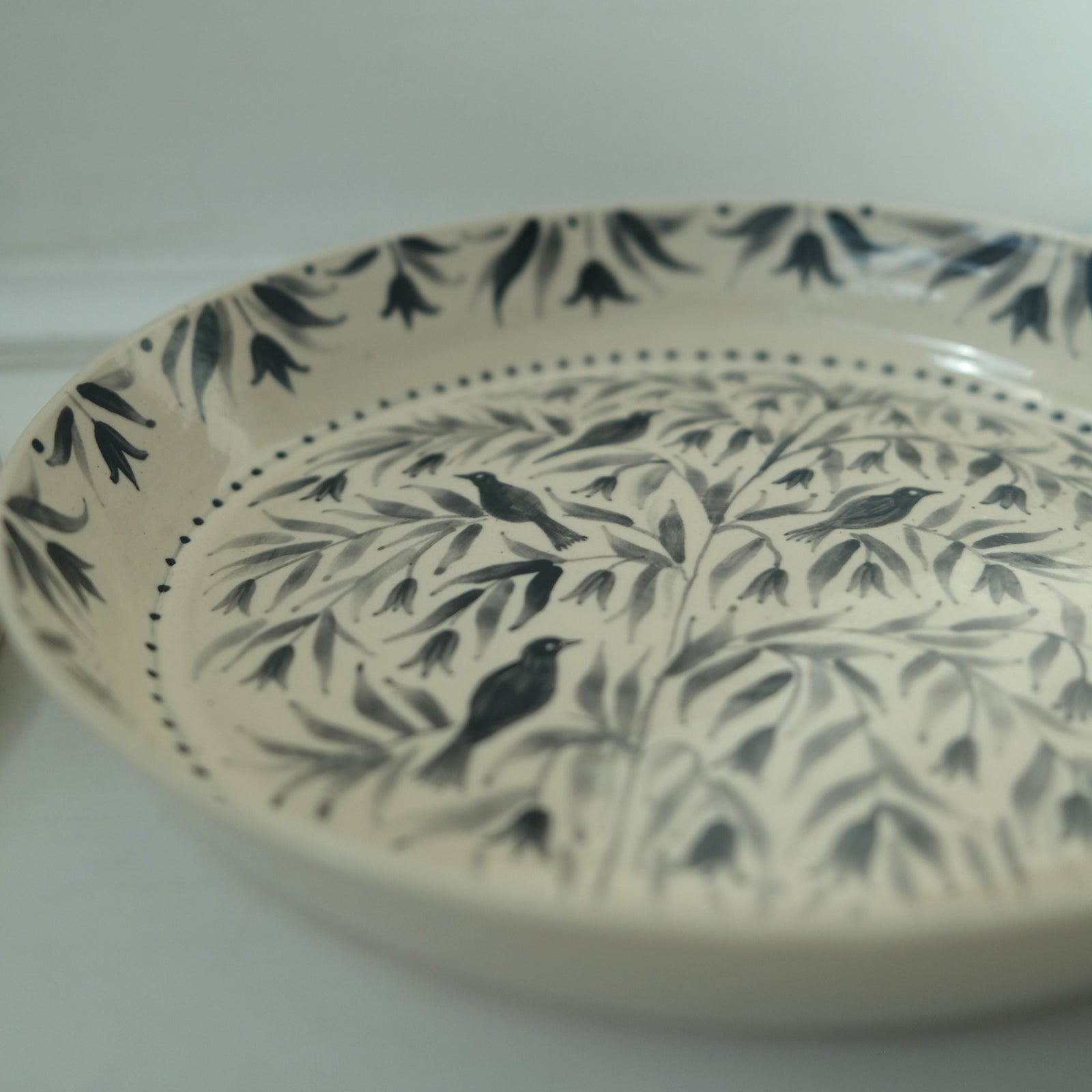 Hand Painted Blackbirds Stoneware Shallow Bowl