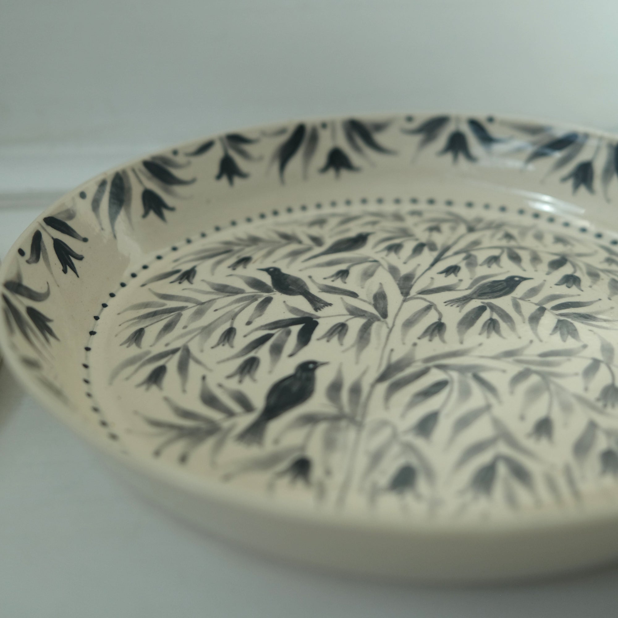 Hand Painted Blackbirds Stoneware Shallow Bowl