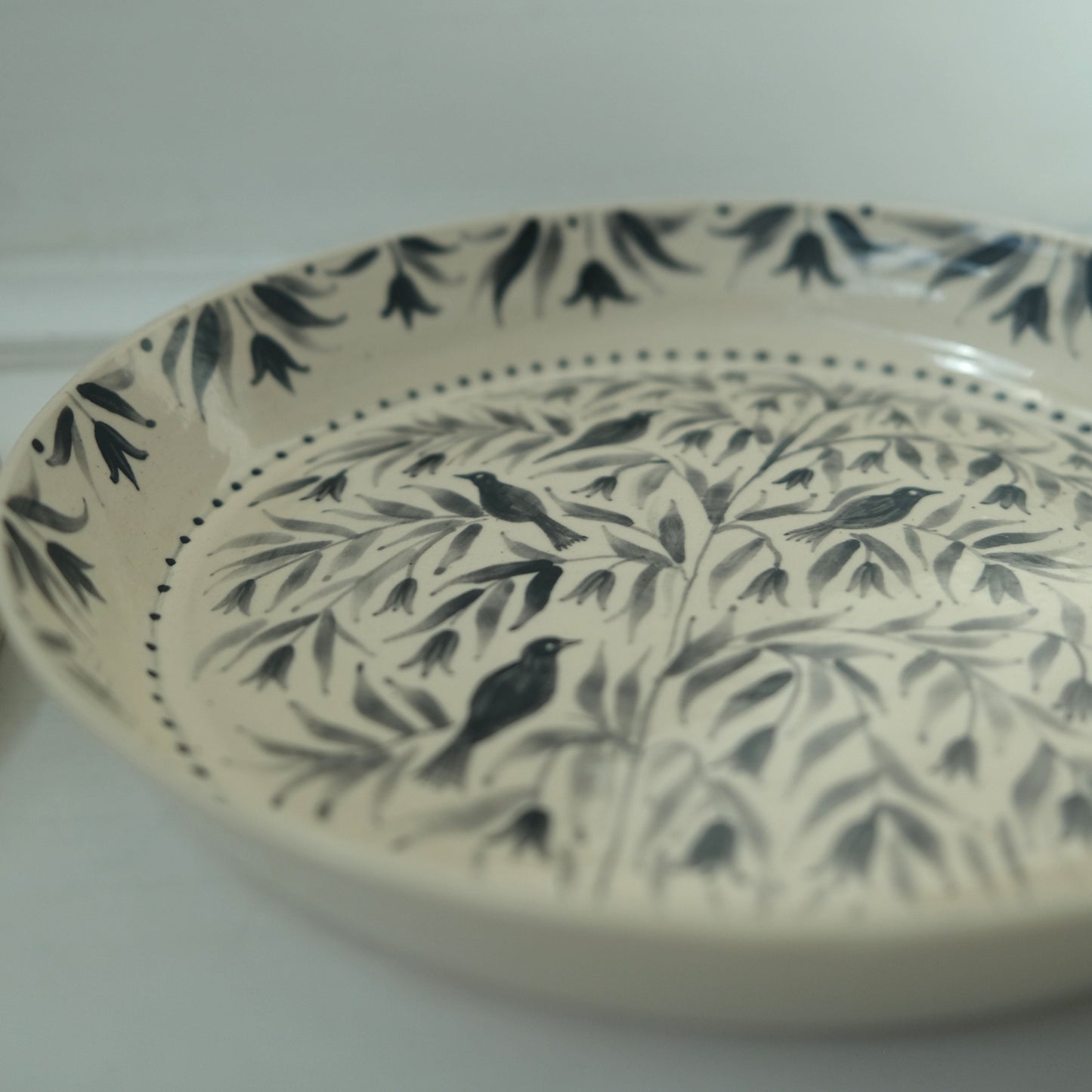 Hand Painted Blackbirds Stoneware Shallow Bowl