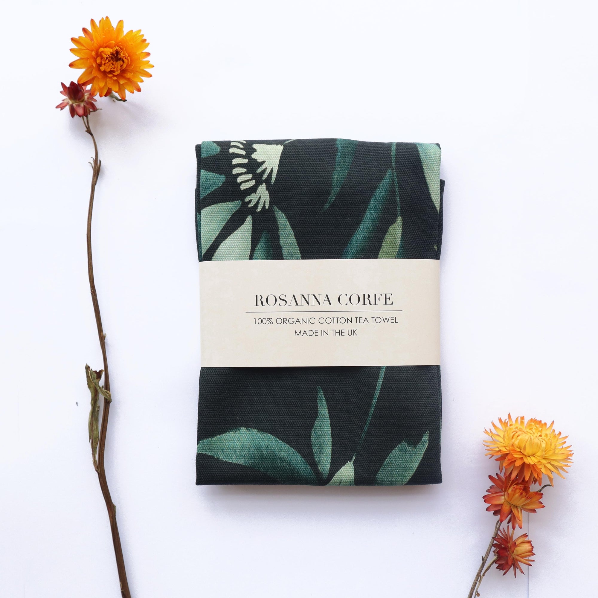 Bloom Organic Cotton Tea Towel - Dark Green Floral