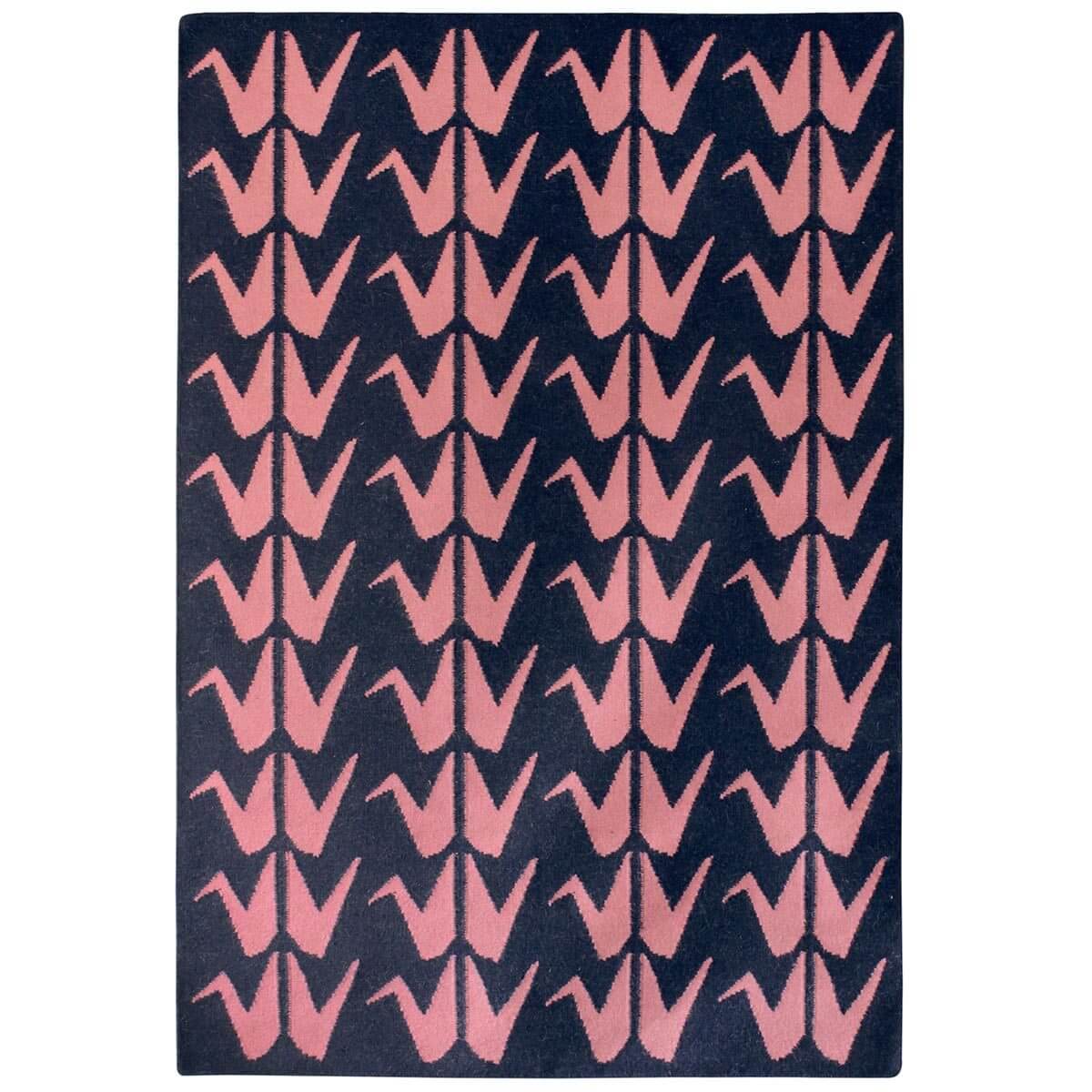 Blue and Pink Crane Flatweave Wool Rug