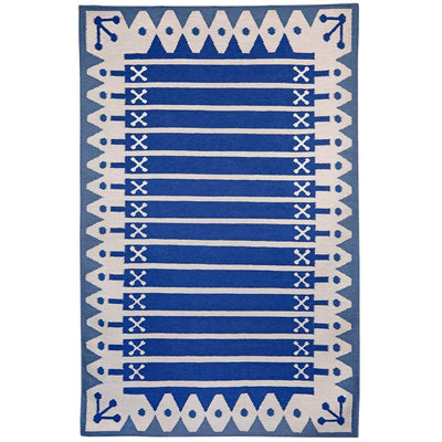 Blue Stripe Rug handwoven in wool with wide stripes and triangle border inspired by Darjeeling's architecture.