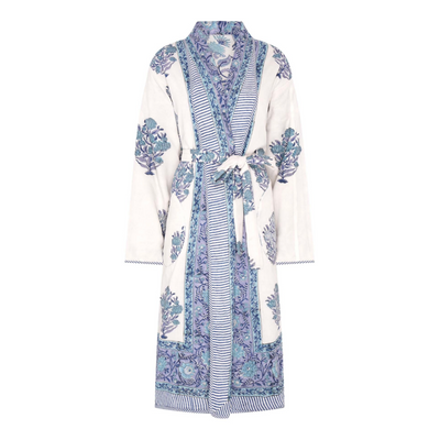 Reversible block printed floral patterned robe on a white background