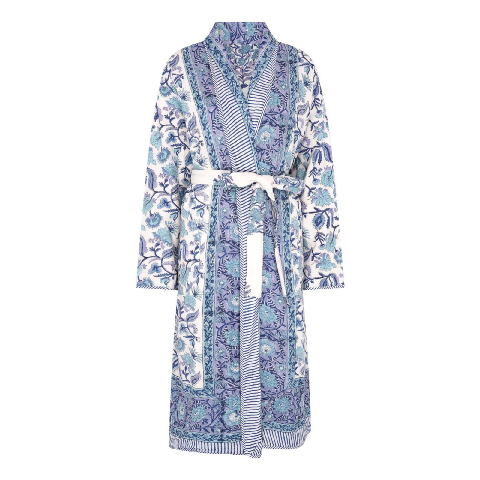 Reversible block printed floral patterned robe on a white background