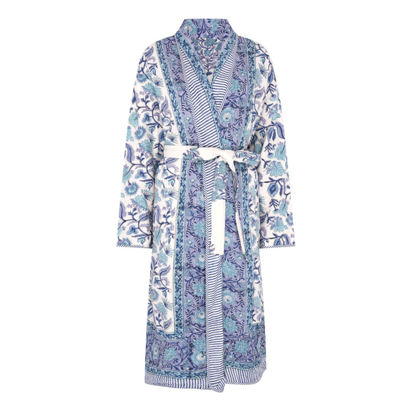Reversible block printed floral patterned robe on a white background
