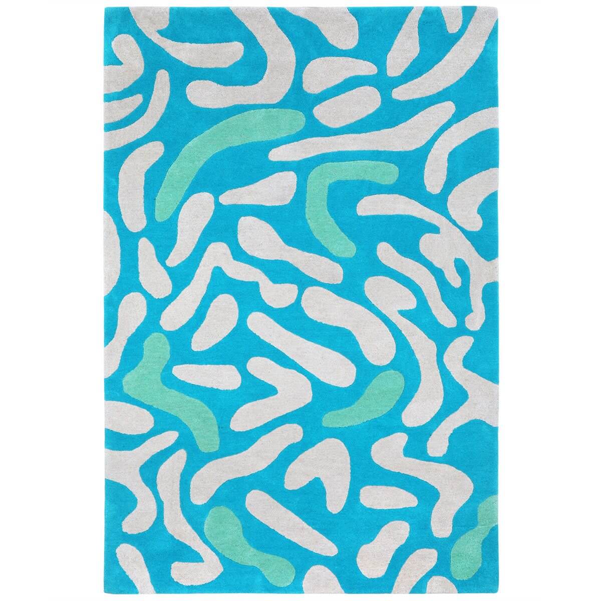 Blue and Green Rug hand tufted in an abstract Lagoon inspired pattern.