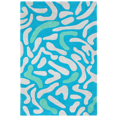 Blue and Green Rug hand tufted in an abstract Lagoon inspired pattern.