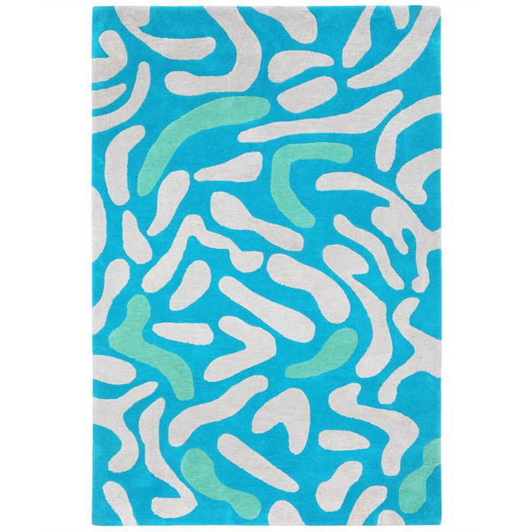 Blue and Green Rug hand tufted in an abstract Lagoon inspired pattern.