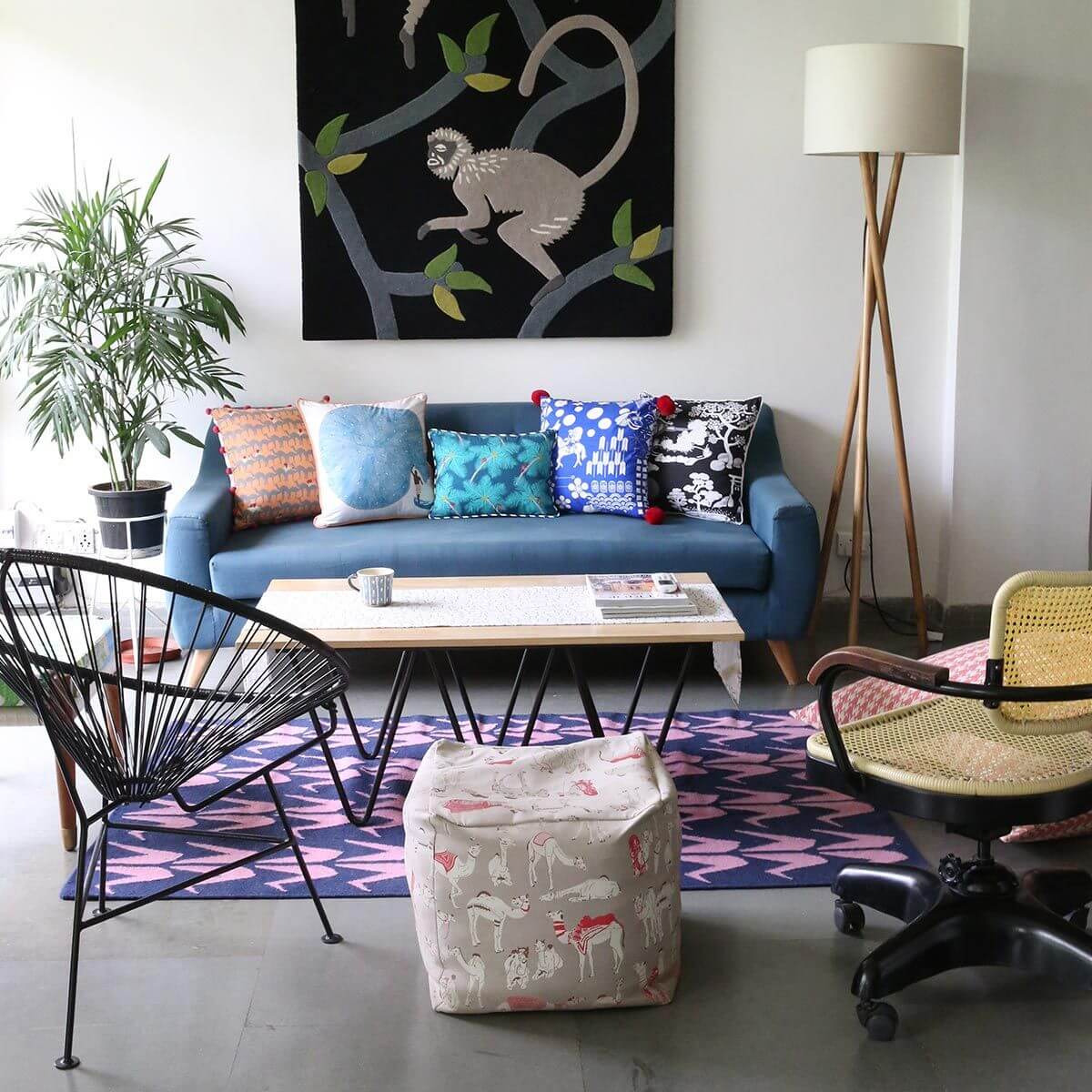 Living Room with Blue and Pink Crane rug