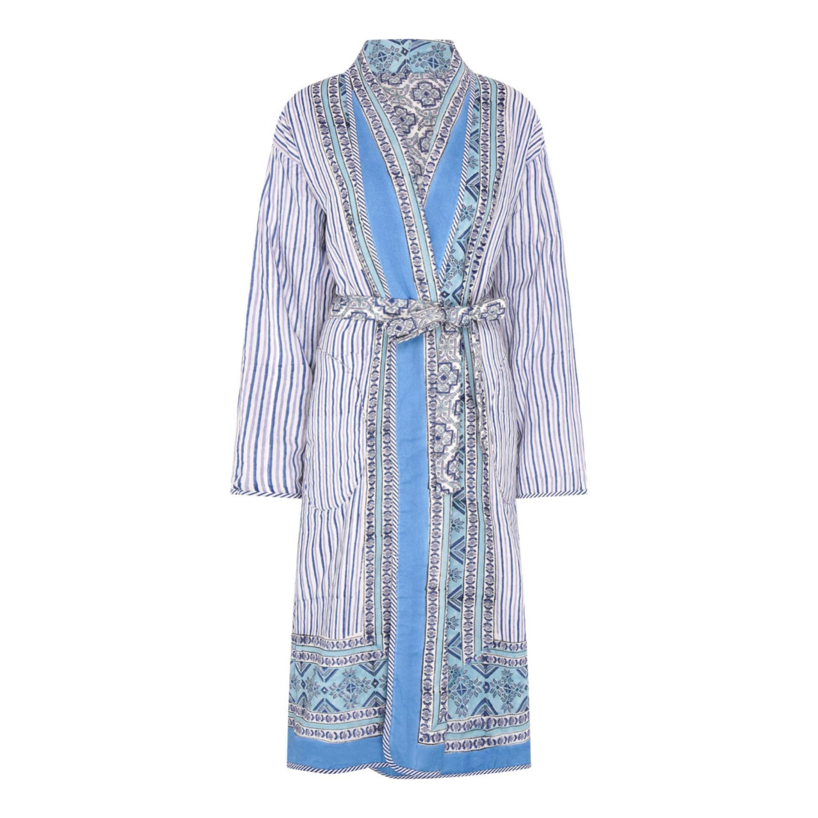 Reversible block printed robe with a blue stripe, floral and geometric design