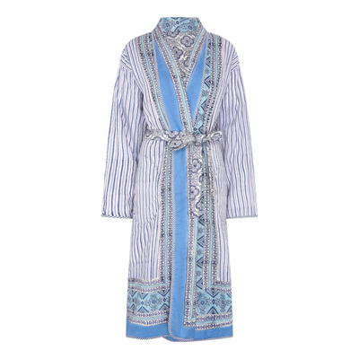 Reversible block printed robe with a blue stripe, floral and geometric design