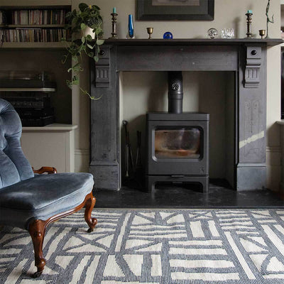 Living room with Blue Tudor flatweave rug 