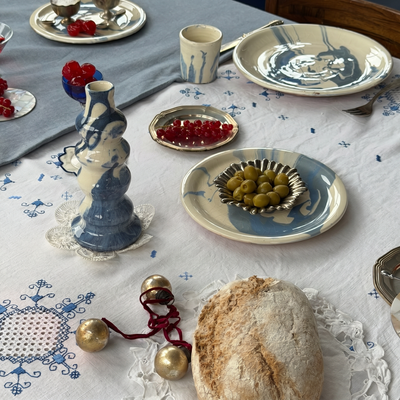 blue table with candle holder - lifestyle