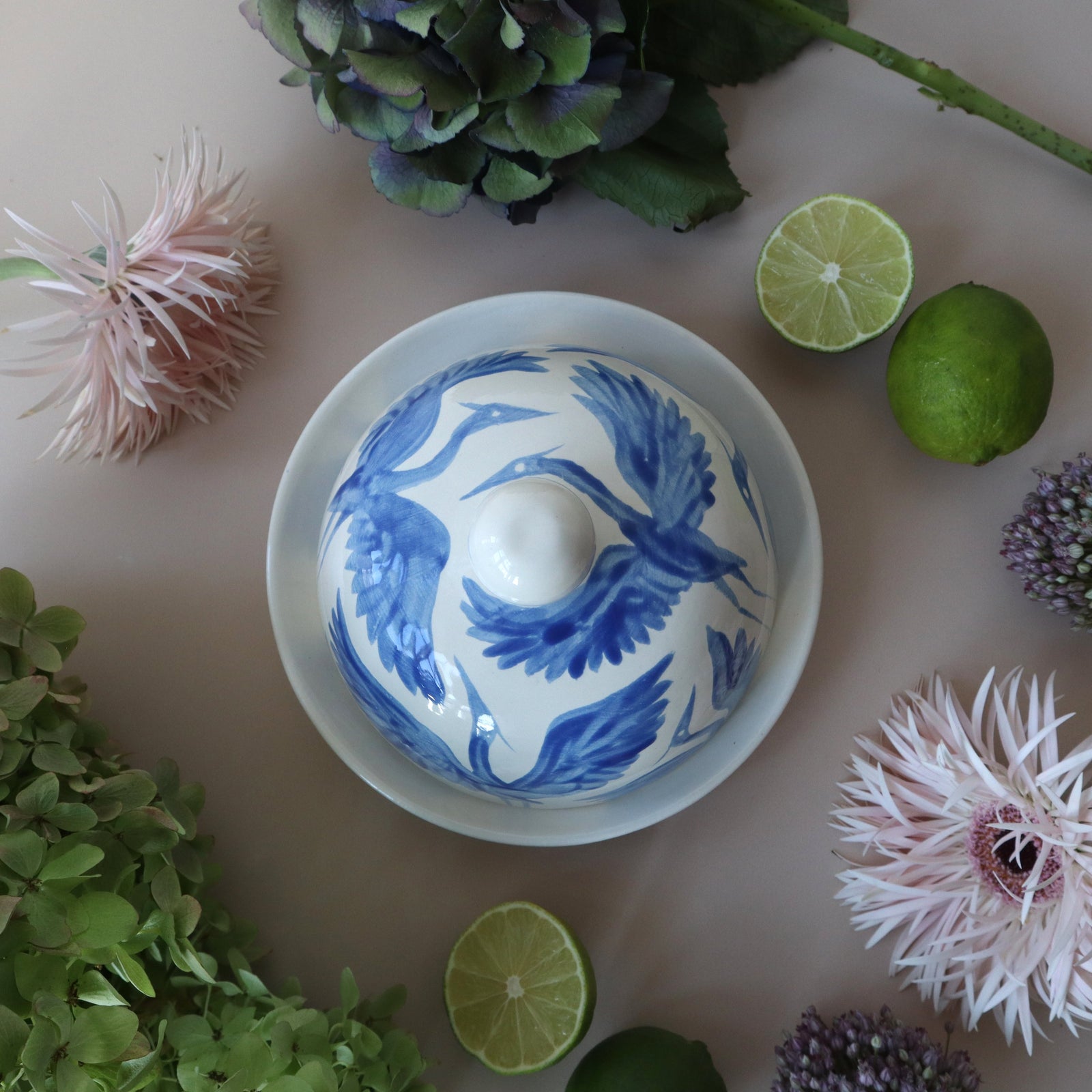 Herons Hand Painted Round Jam Butter Dish - Royal Blue