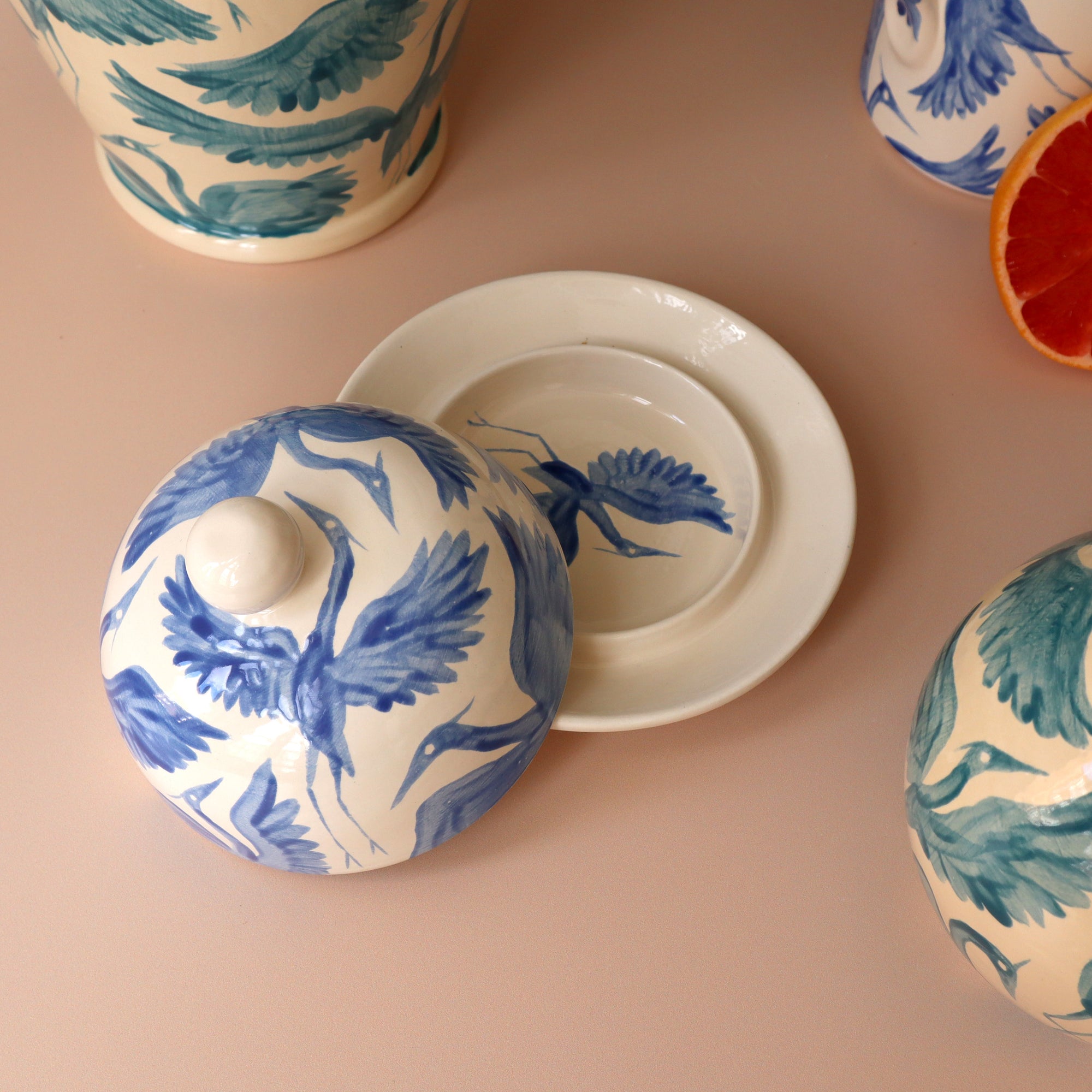 Herons Hand Painted Round Jam Butter Dish - Royal Blue