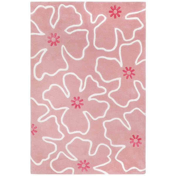 Blush Pink Floral Hibiscus Hand tufted Wool Rug