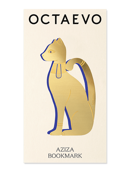 A brass cat-shaped Bookmark Aziza by OCTAEVO rests on a cream card featuring the brand and product name.