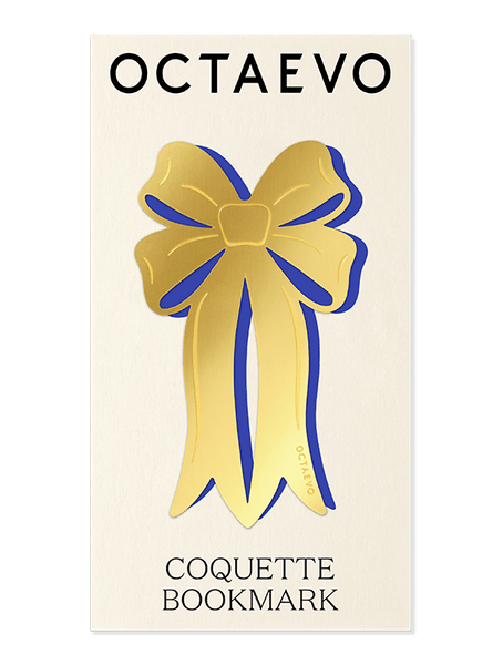 Elegant brass ribbon-shaped Bookmark Coquette by OCTAEVO with a blue outline on a cream brand card.
