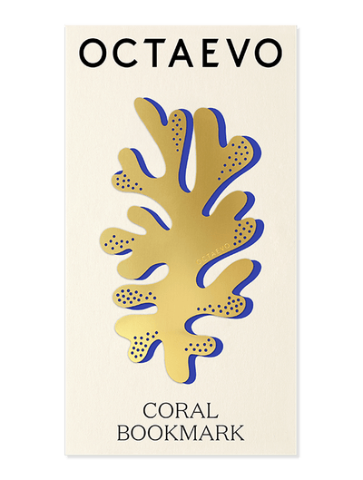 Octaevo Bookmark Coral—gold brass bookmark on cream card, a unique luxury gift for any reader.