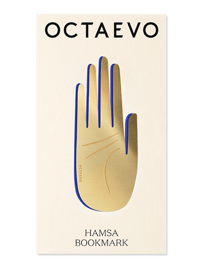 A gold Hamsa bookmark by OCTAEVO displayed on a cream card with the product and brand names.