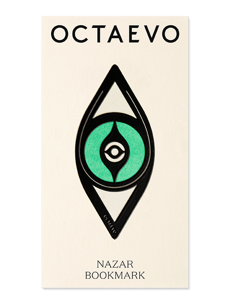 A black geometric eye-shaped bookmark by OCTAEVO, called Bookmark Nazar, on a cream card.