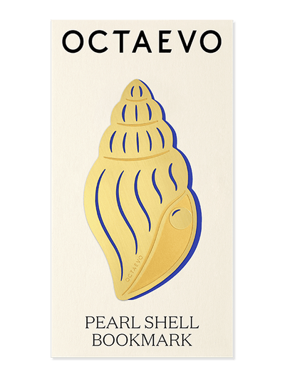 The Bookmark Pearl Shell by Octaevo is a gold brass bookmark on a cream card—ideal for unique bookmark lovers.