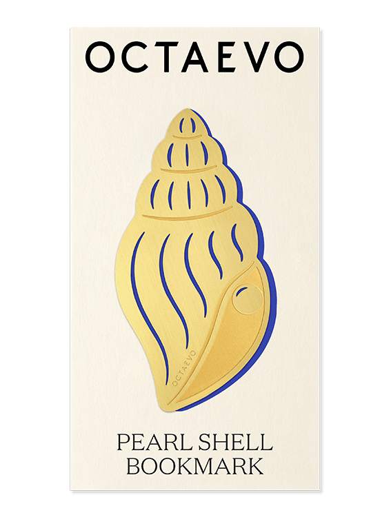 The Bookmark Pearl Shell by Octaevo is a gold brass bookmark on a cream card—ideal for unique bookmark lovers.