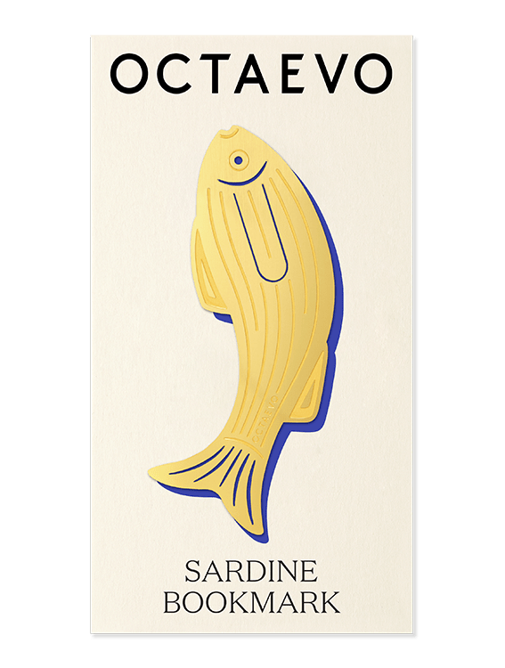 Octaevo Bookmark Sardine—gold brass on cream card, an elegant symbol.