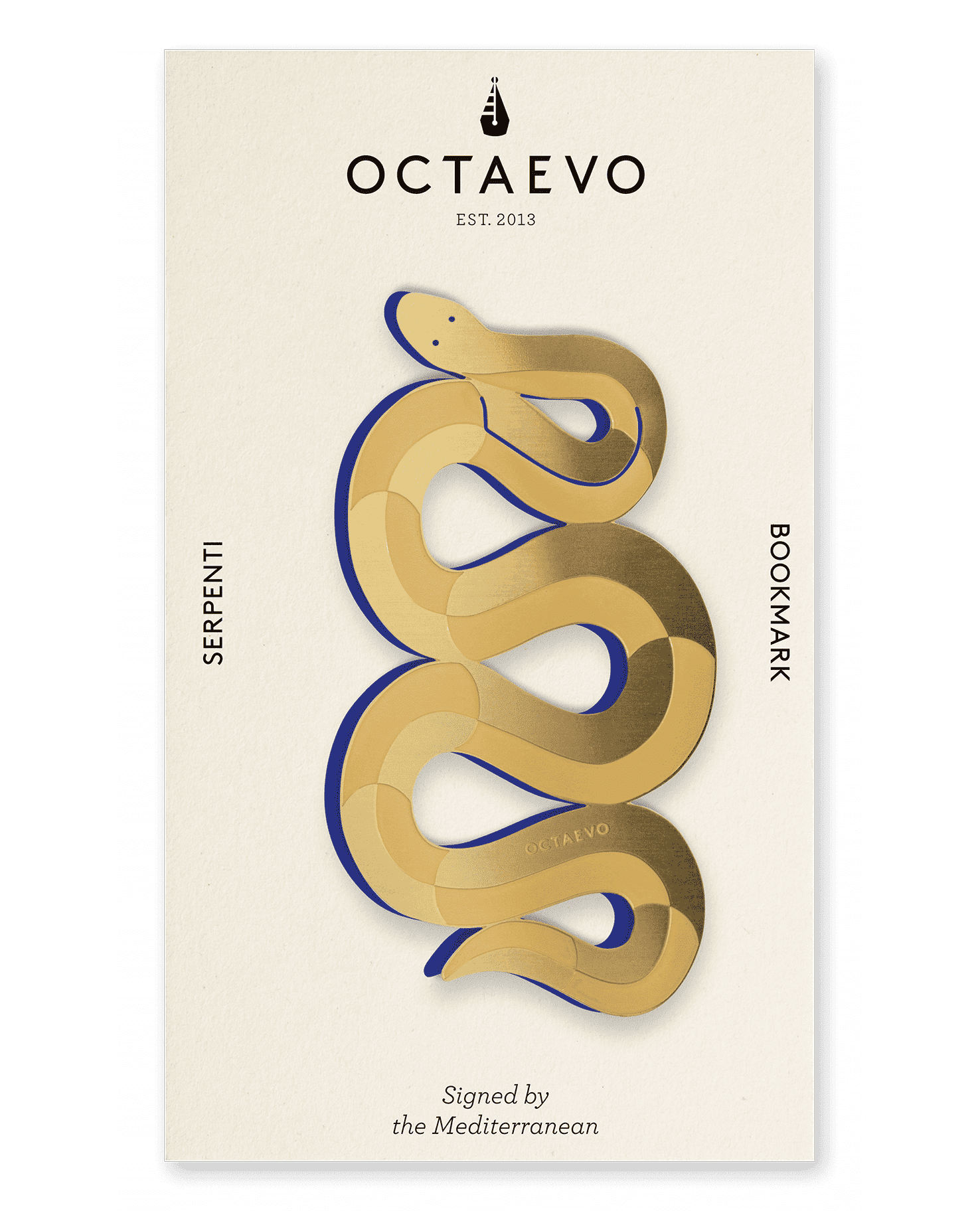 Gold and blue serpent-shaped brass bookmark by OCTAEVO, Bookmark Serpenti, inspired by Greek mythology.