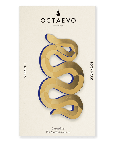 Gold and blue serpent-shaped brass bookmark by OCTAEVO, Bookmark Serpenti, inspired by Greek mythology.