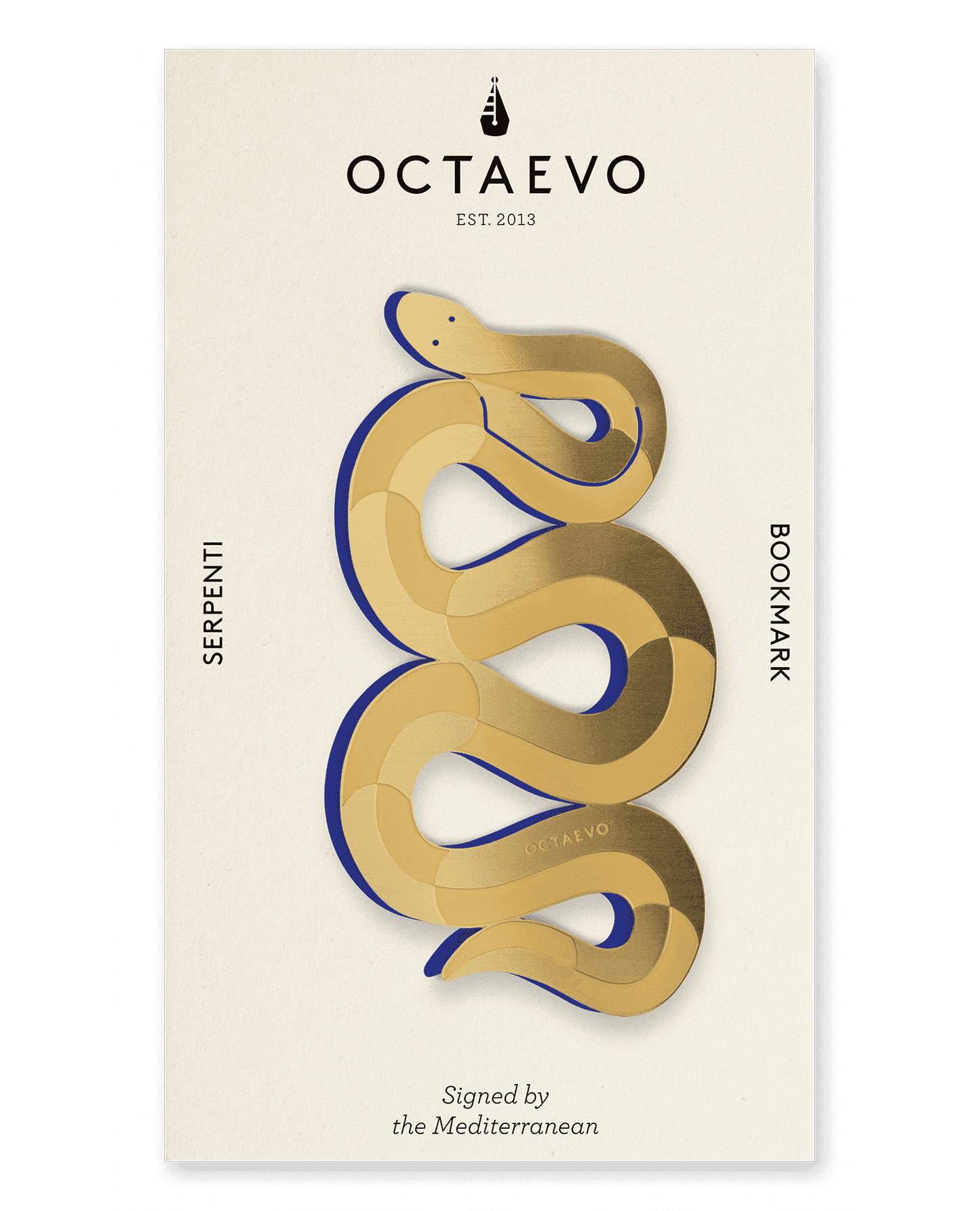 Gold and blue serpent-shaped brass bookmark by OCTAEVO, Bookmark Serpenti, inspired by Greek mythology.
