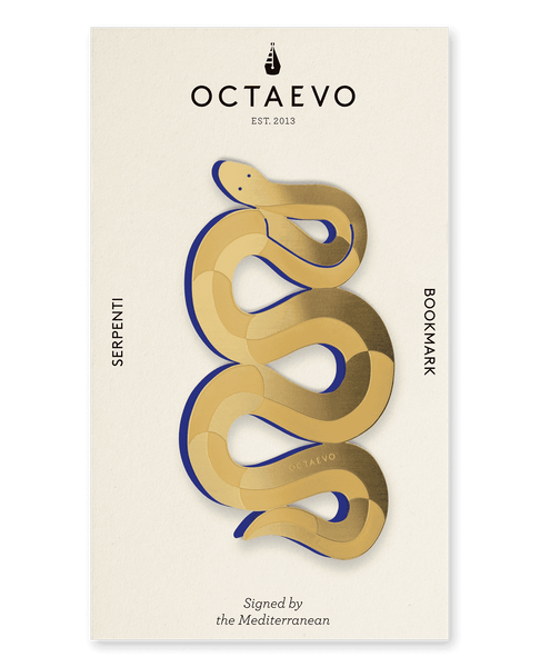 Gold and blue serpent-shaped brass bookmark by OCTAEVO, Bookmark Serpenti, inspired by Greek mythology.