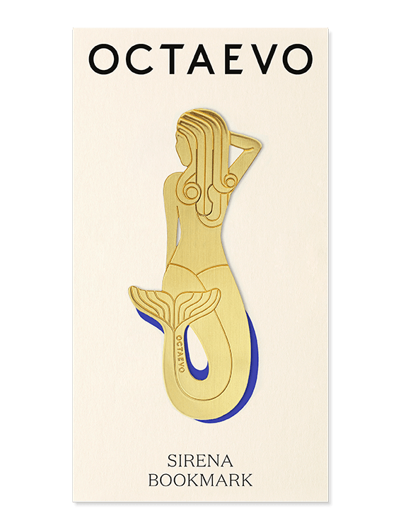 OCTAEVO Bookmark Sirena: brass gold mermaid with blue tail accent on a cream card.