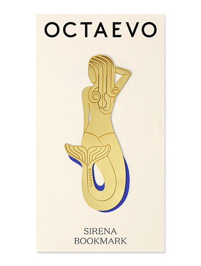 OCTAEVO Bookmark Sirena: brass gold mermaid with blue tail accent on a cream card.