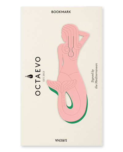 OCTAEVO Bookmark Sirena: a charming pink mermaid brass bookmark on cream packaging, inspired by the Mediterranean.