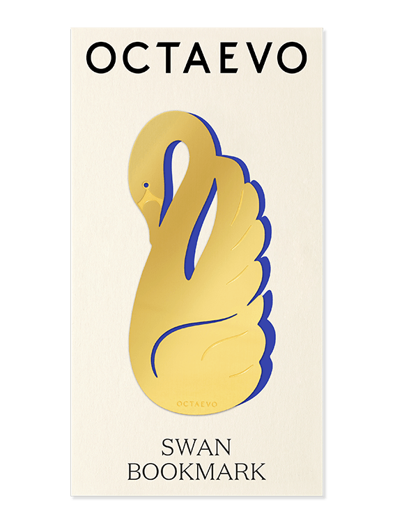 Gold brass Bookmark Swan by OCTAEVO on cream card, symbolizing eternal love, with product and brand names displayed.