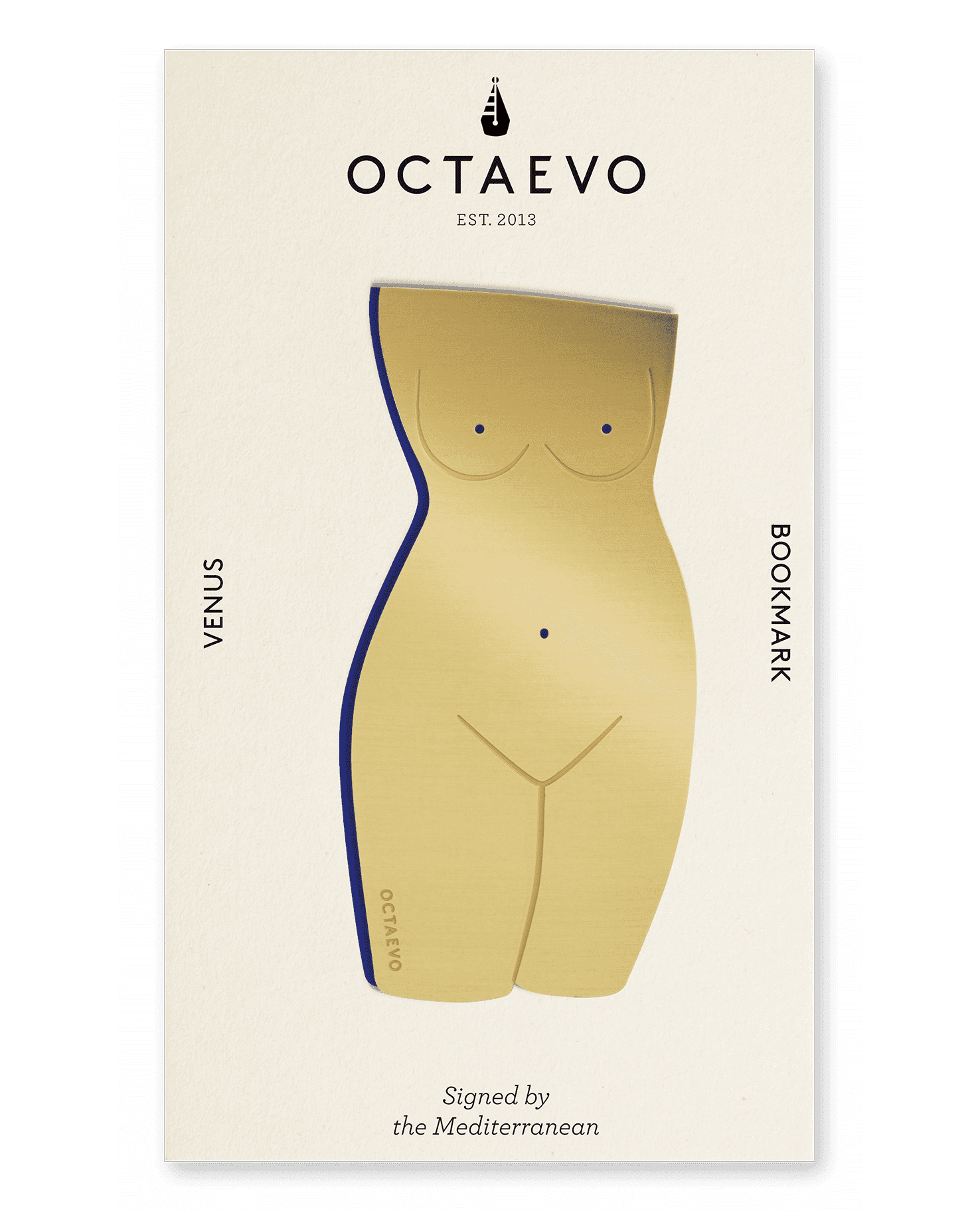 A finely-cut gold brass Bookmark Venus by OCTAEVO in the shape of female body on cardboard. 