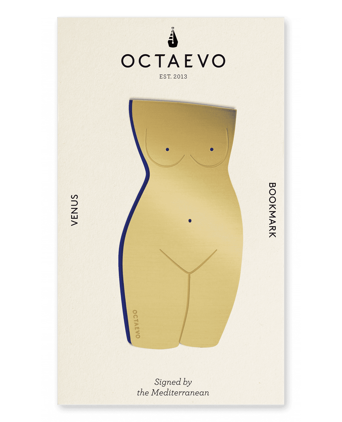 A finely-cut gold brass Bookmark Venus by OCTAEVO in the shape of female body on cardboard. 