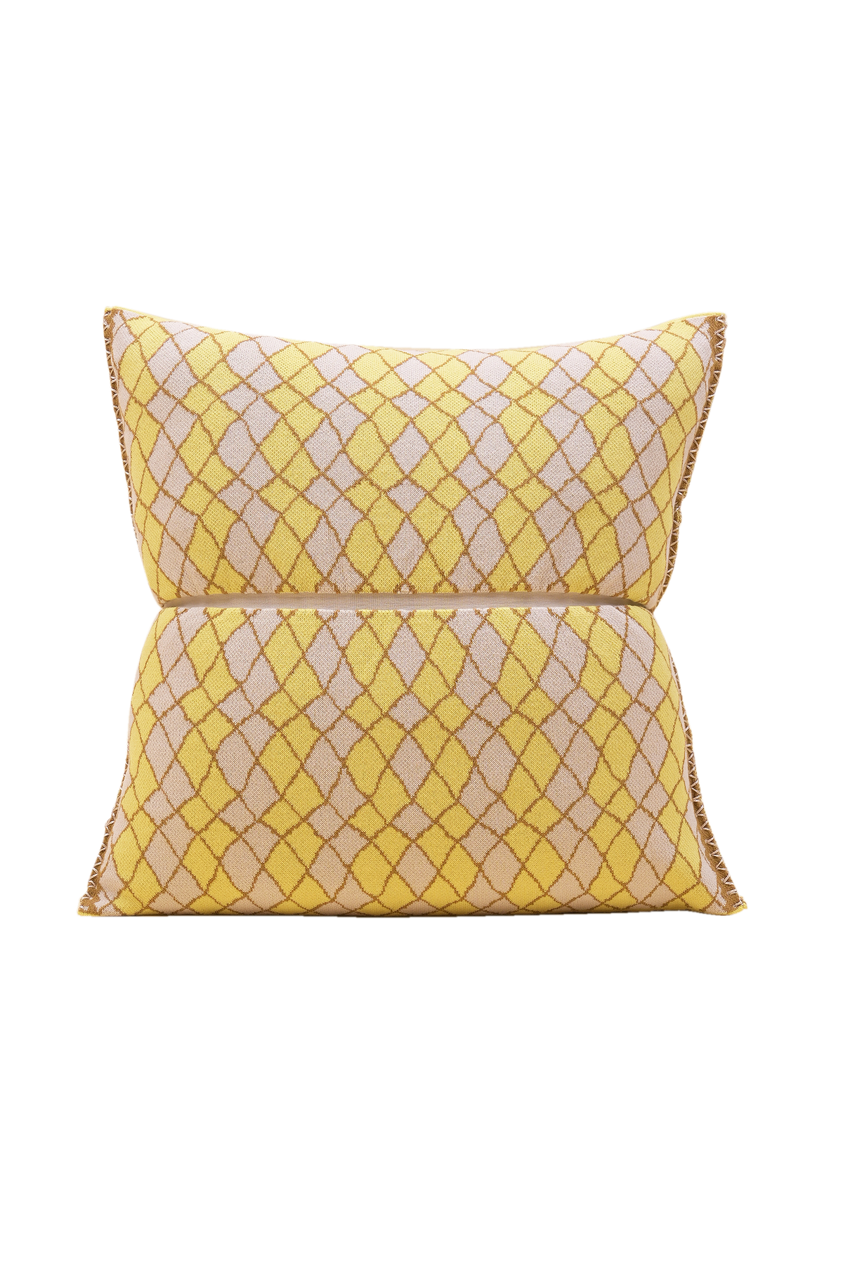 front side of yellow bow-shaped knit pillowcase with romb pattern in viscose