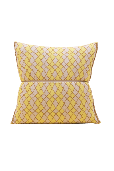 front side of yellow bow-shaped knit pillowcase with romb pattern in viscose