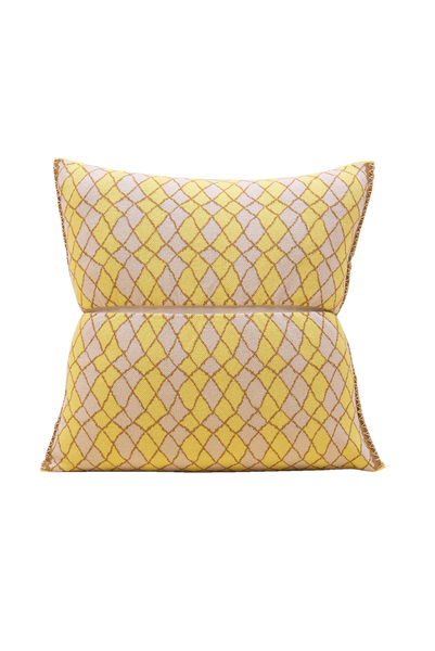 front side of yellow bow-shaped knit pillowcase with romb pattern in viscose