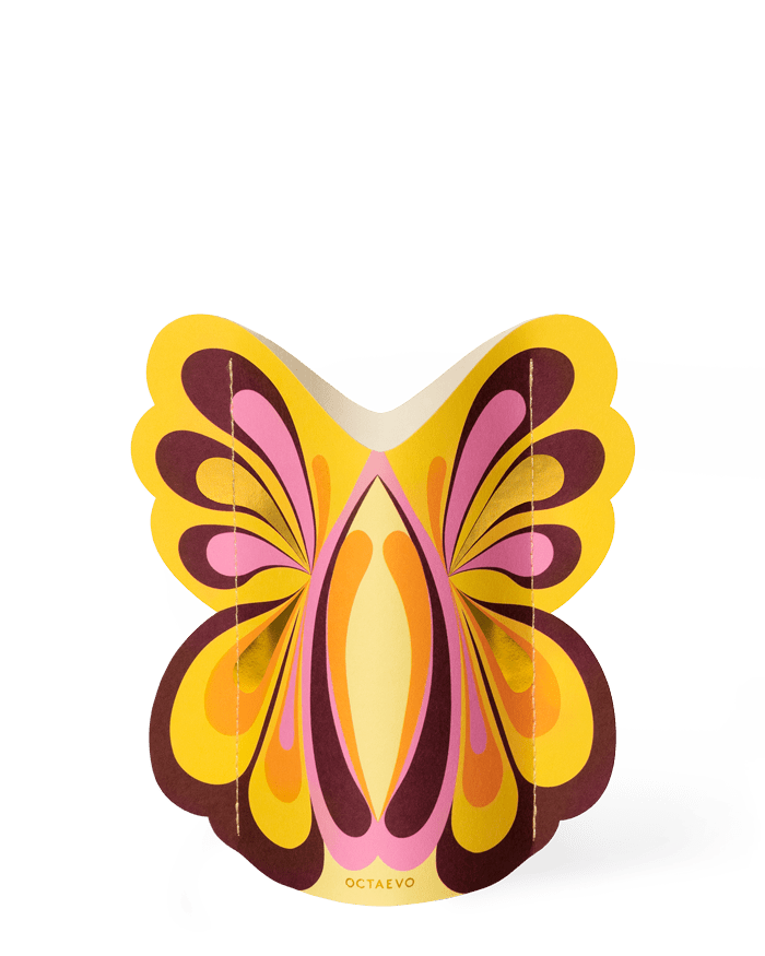 Butterfly Mini Paper Vase by Octaevo, butterfly-shaped with vibrant flowers, comes in branded packaging.