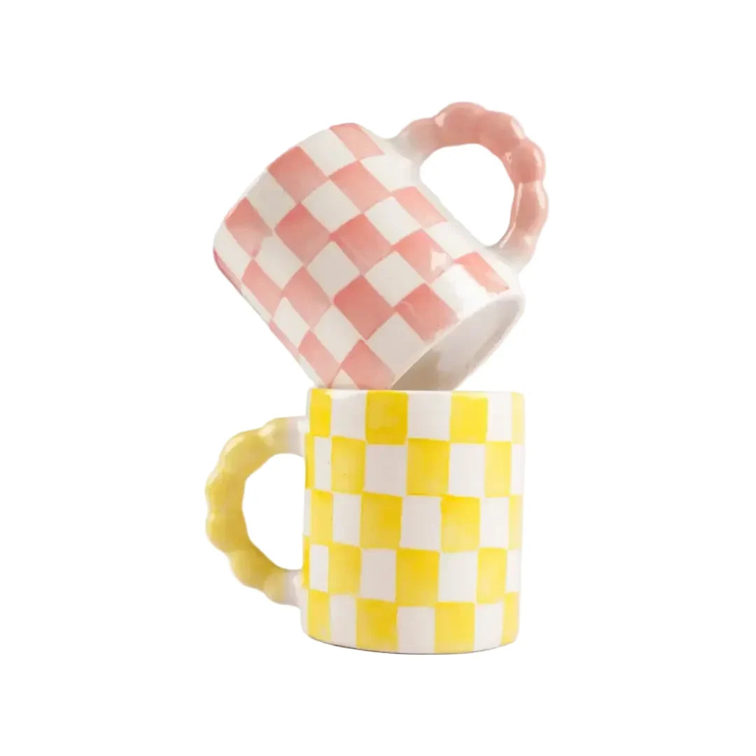 Pink Checkered Ceramic Mug 3x3.5 Inches Set of 2 - Casa Amarosa